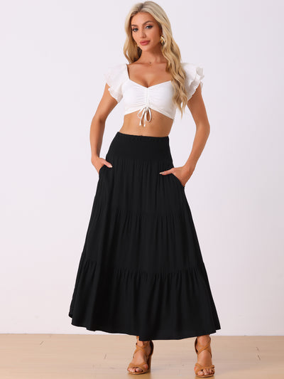 Summer Maxi Casual Elastic High Waist Tiered Boho Long Skirt