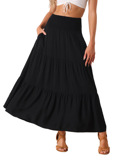 Summer Maxi Casual Elastic High Waist Tiered Boho Long Skirt