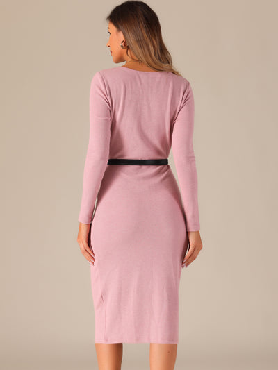 Square Neck Belted Bodycon Stretch Ribbed Long Sleeve Midi Sweater Dress