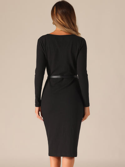 Square Neck Belted Bodycon Stretch Ribbed Long Sleeve Midi Sweater Dress