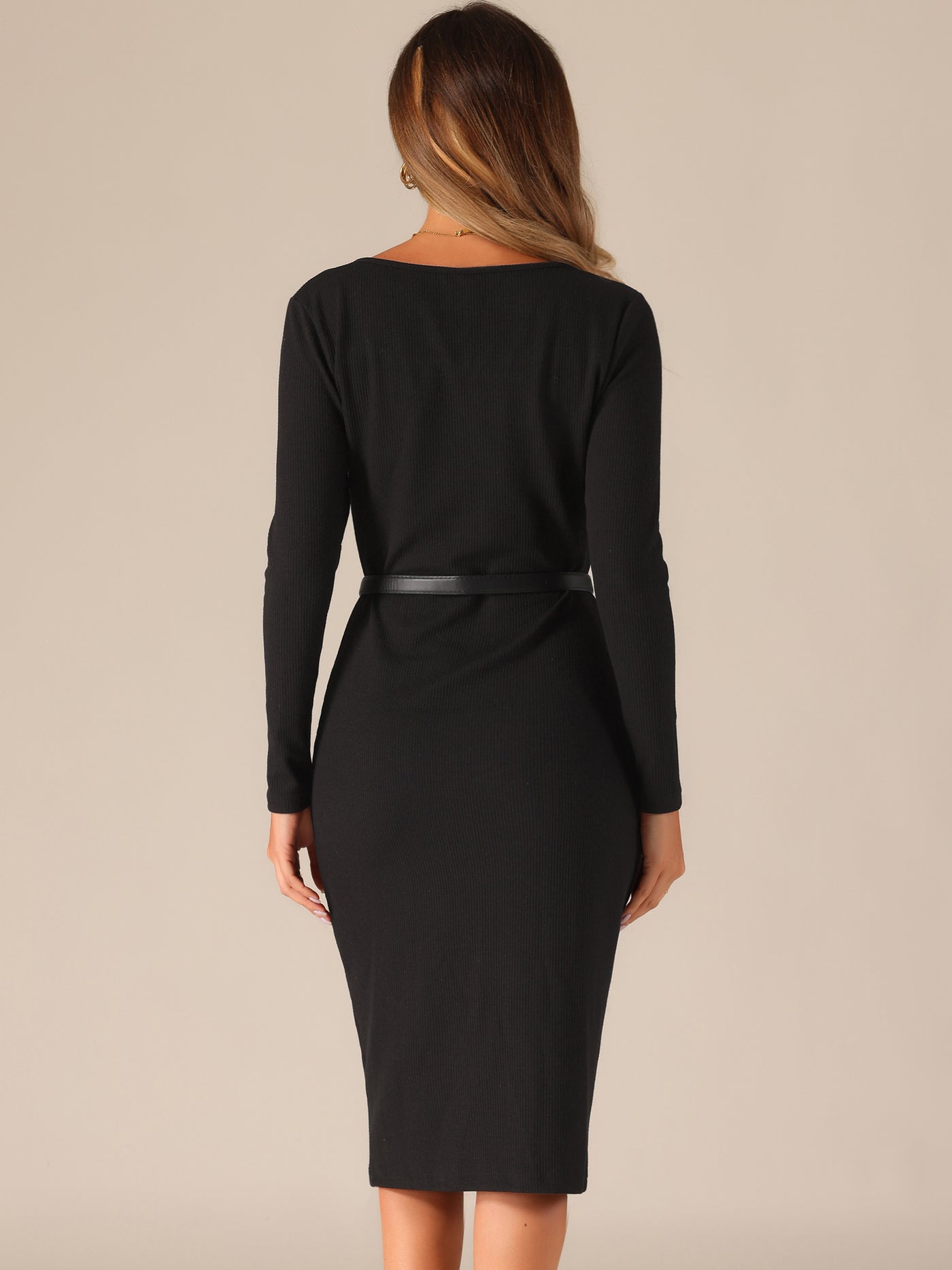 Allegra K Square Neck Belted Bodycon Stretch Ribbed Long Sleeve Midi Sweater Dress