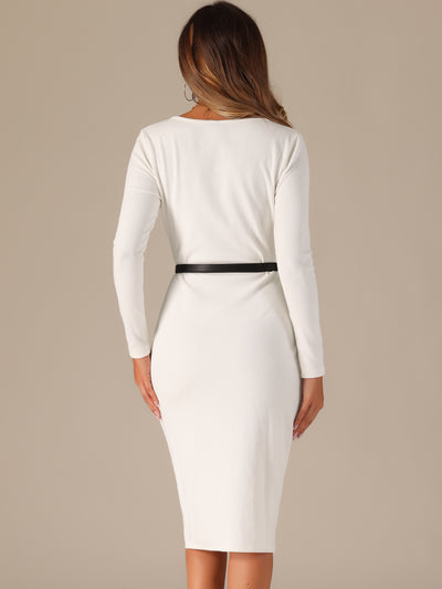 Square Neck Belted Bodycon Stretch Ribbed Long Sleeve Midi Sweater Dress