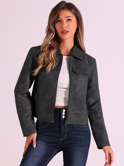 Allegra K Collar Faux Leather Zip Up Long Sleeve Casual Cropped Jacket