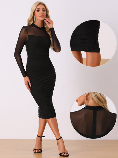 Mesh Sheer Mock Neck Ruch Cocktail Bodycon Midi Dress