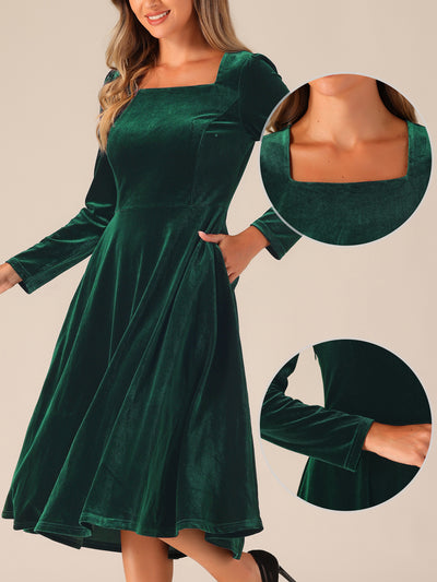 Pocketed Long Sleeve Velvet Square Neck Midi A-Line Dress