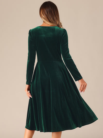 Pocketed Long Sleeve Velvet Square Neck Midi A-Line Dress