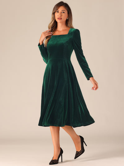 Pocketed Long Sleeve Velvet Square Neck Midi A-Line Dress