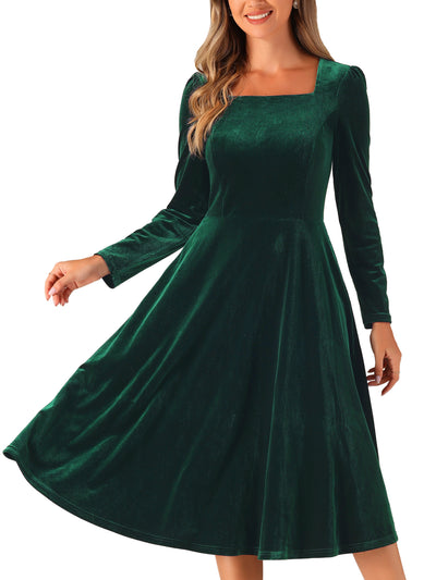 Pocketed Long Sleeve Velvet Square Neck Midi A-Line Dress