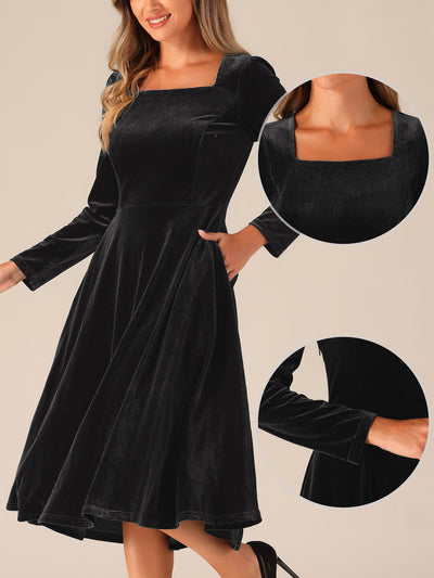 Pocketed Long Sleeve Velvet Square Neck Midi A-Line Dress