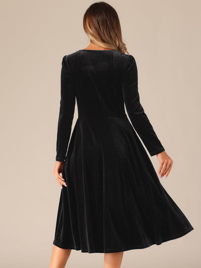 Pocketed Long Sleeve Velvet Square Neck Midi A-Line Dress