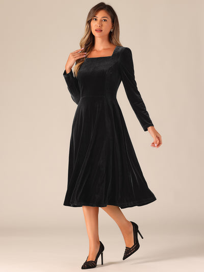 Pocketed Long Sleeve Velvet Square Neck Midi A-Line Dress