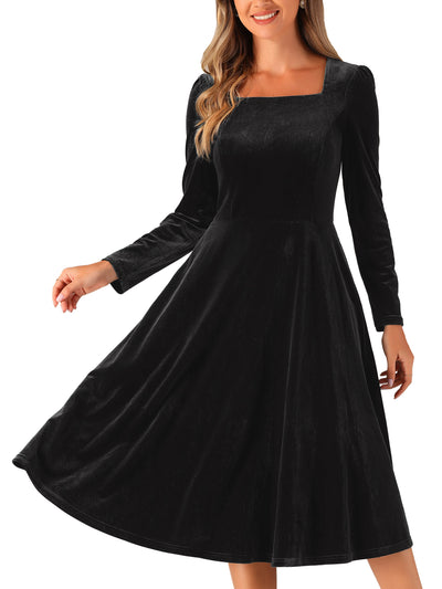 Pocketed Long Sleeve Velvet Square Neck Midi A-Line Dress