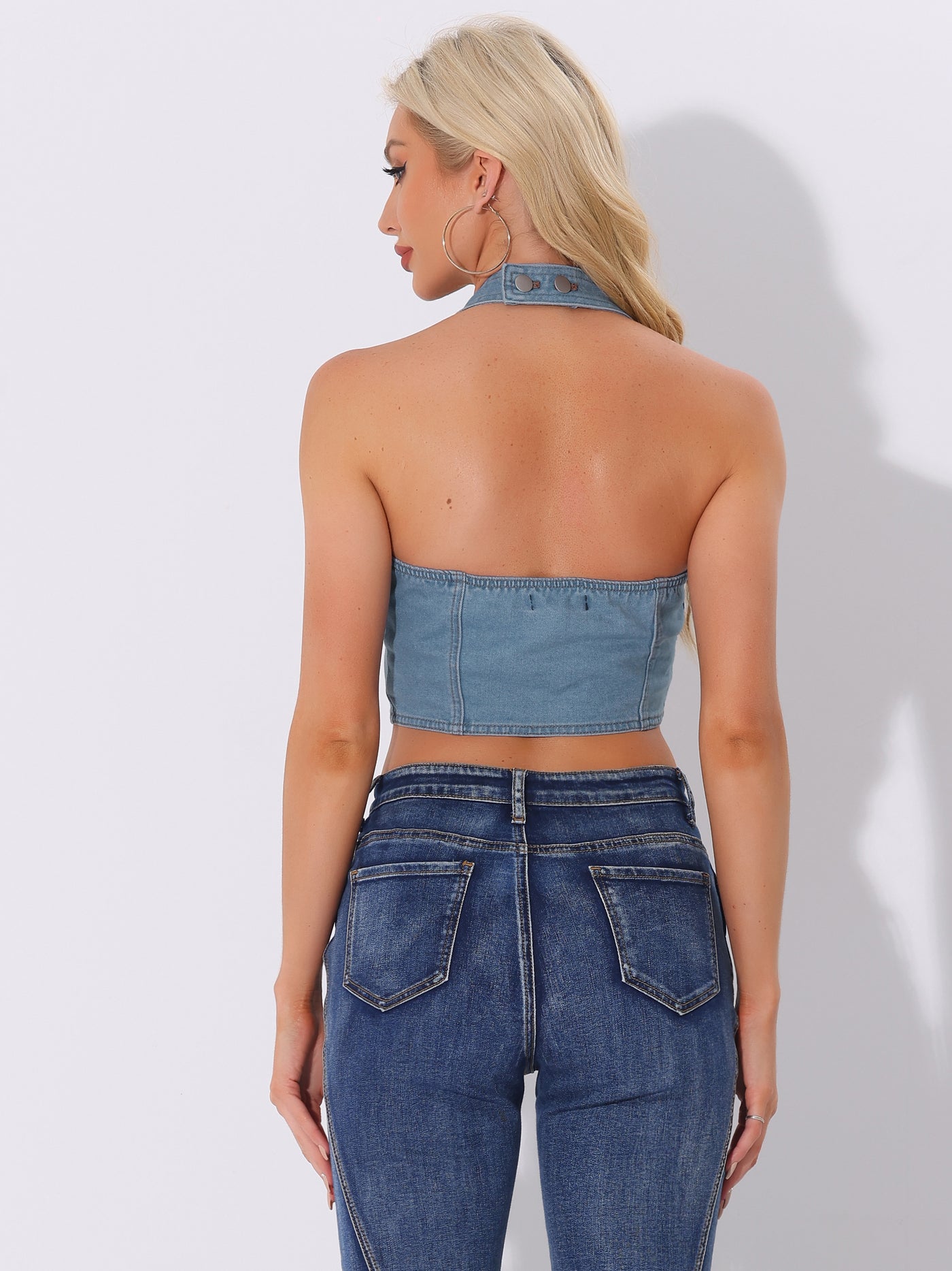 Allegra K Denim Crop Sleeveless Button Front Halter Tank Top