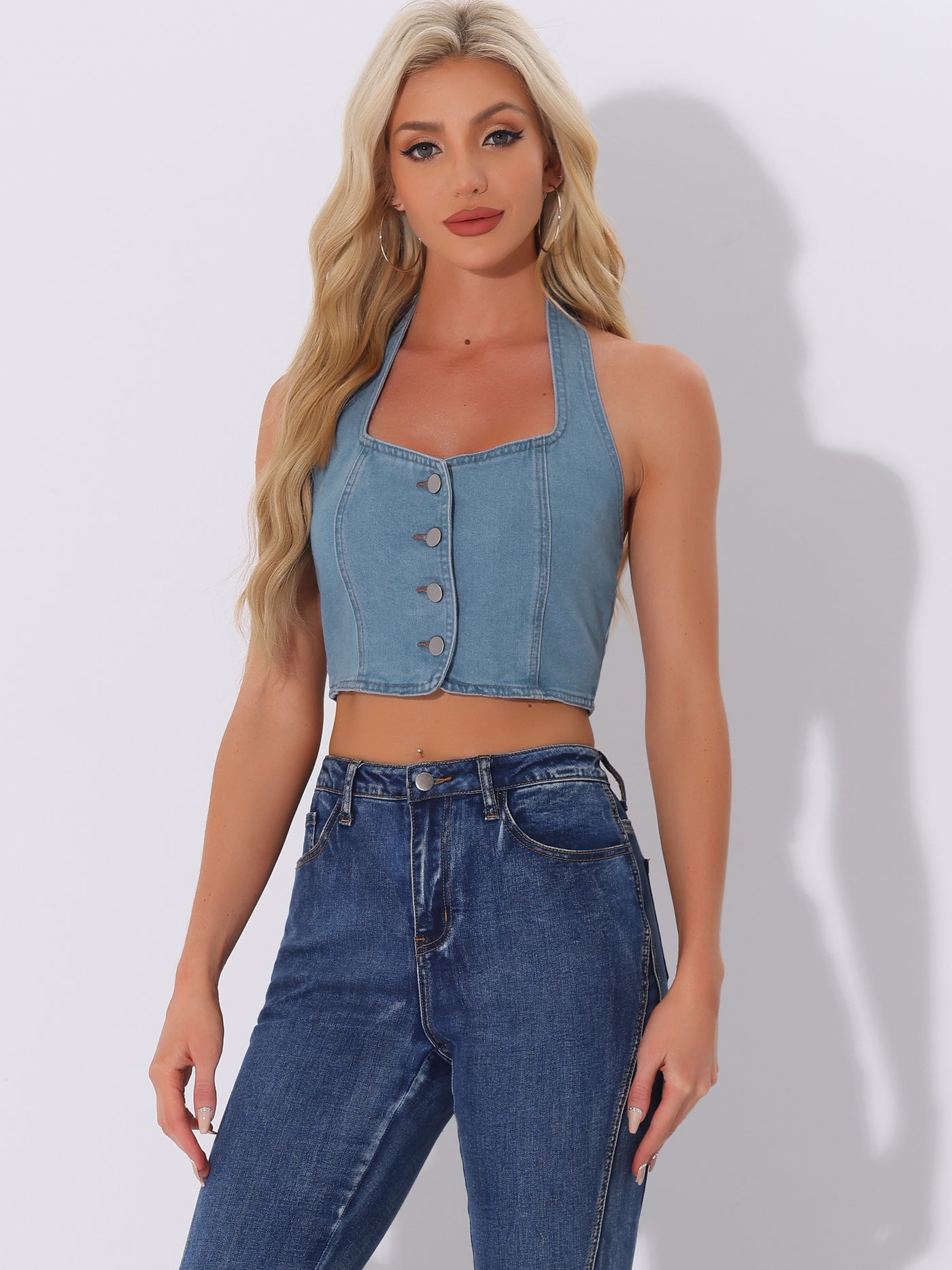 Allegra K Denim Crop Sleeveless Button Front Halter Tank Top