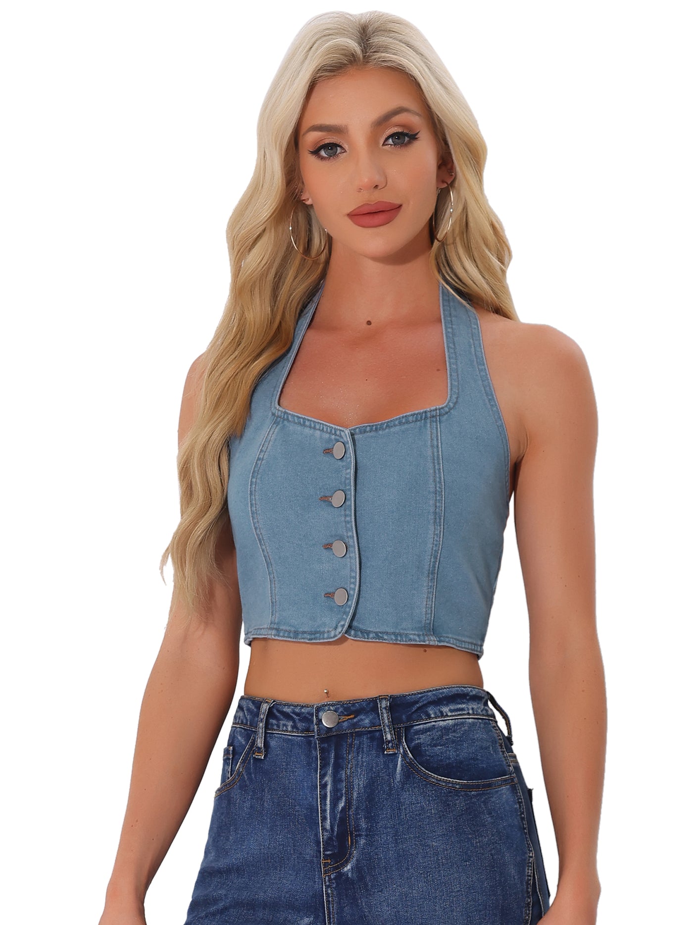 Allegra K Denim Crop Sleeveless Button Front Halter Tank Top