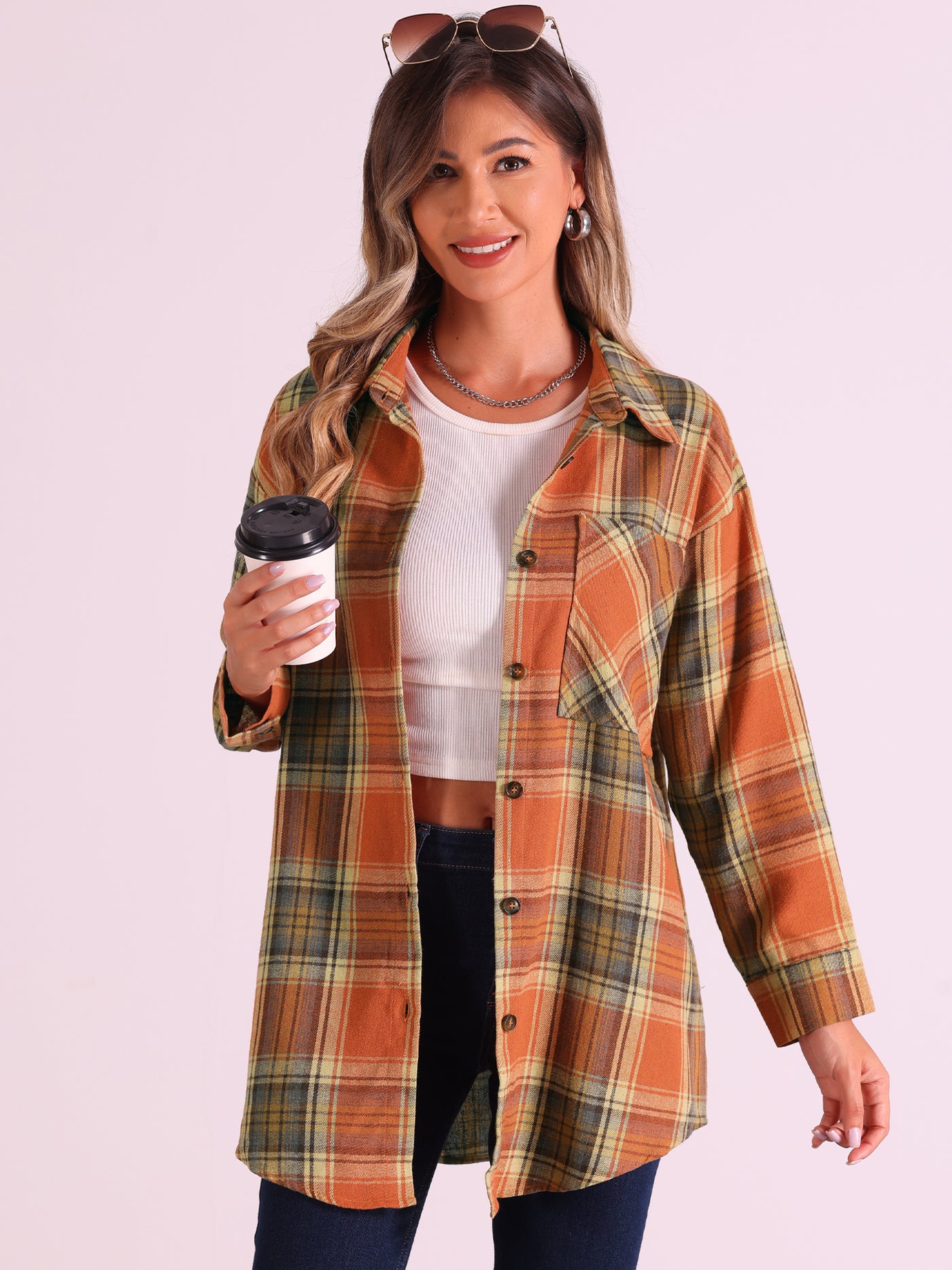 Allegra K Flannel Plaid Oversized Long Sleeve Casual Button Down Shirt