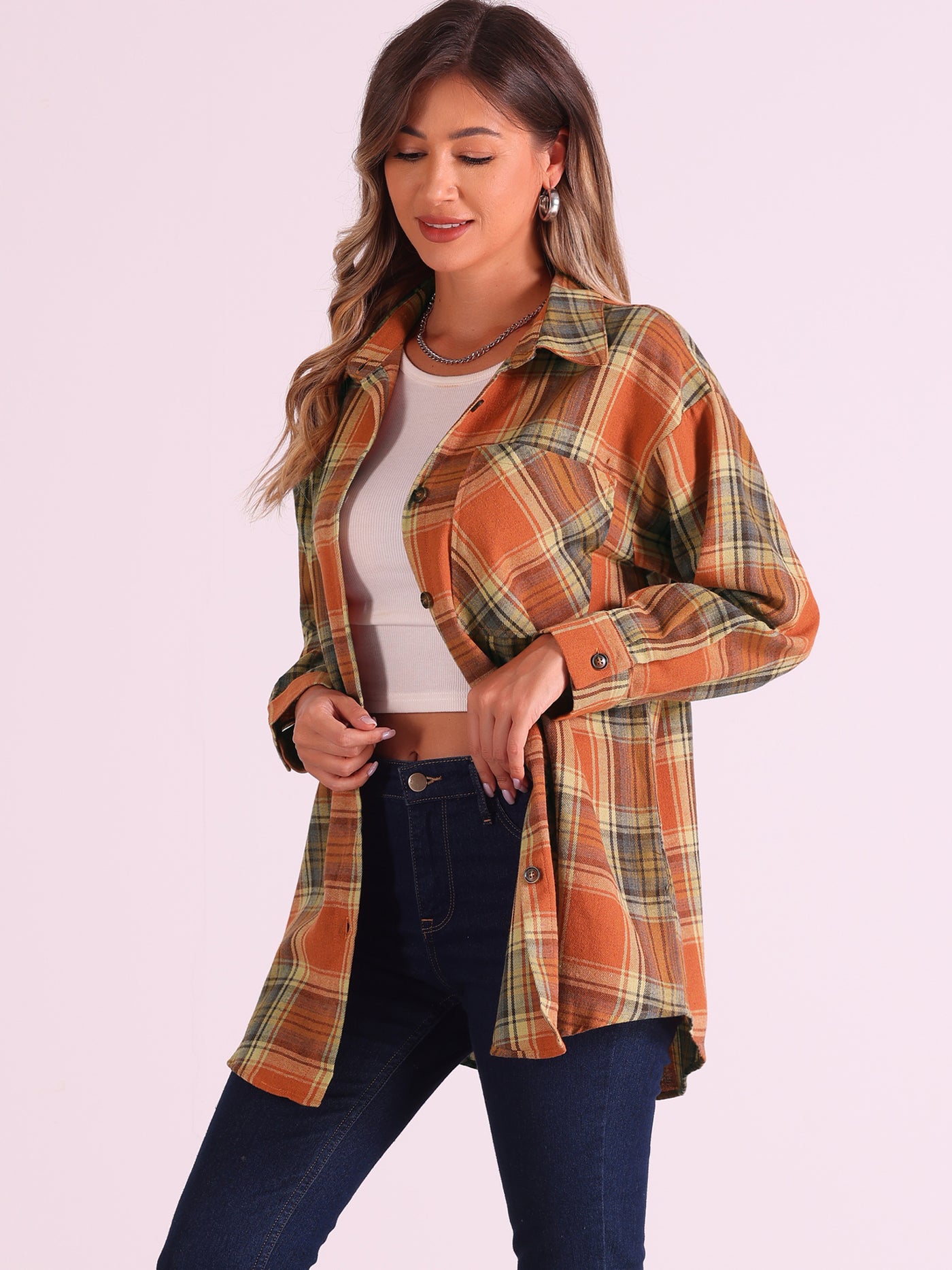 Allegra K Flannel Plaid Oversized Long Sleeve Casual Button Down Shirt