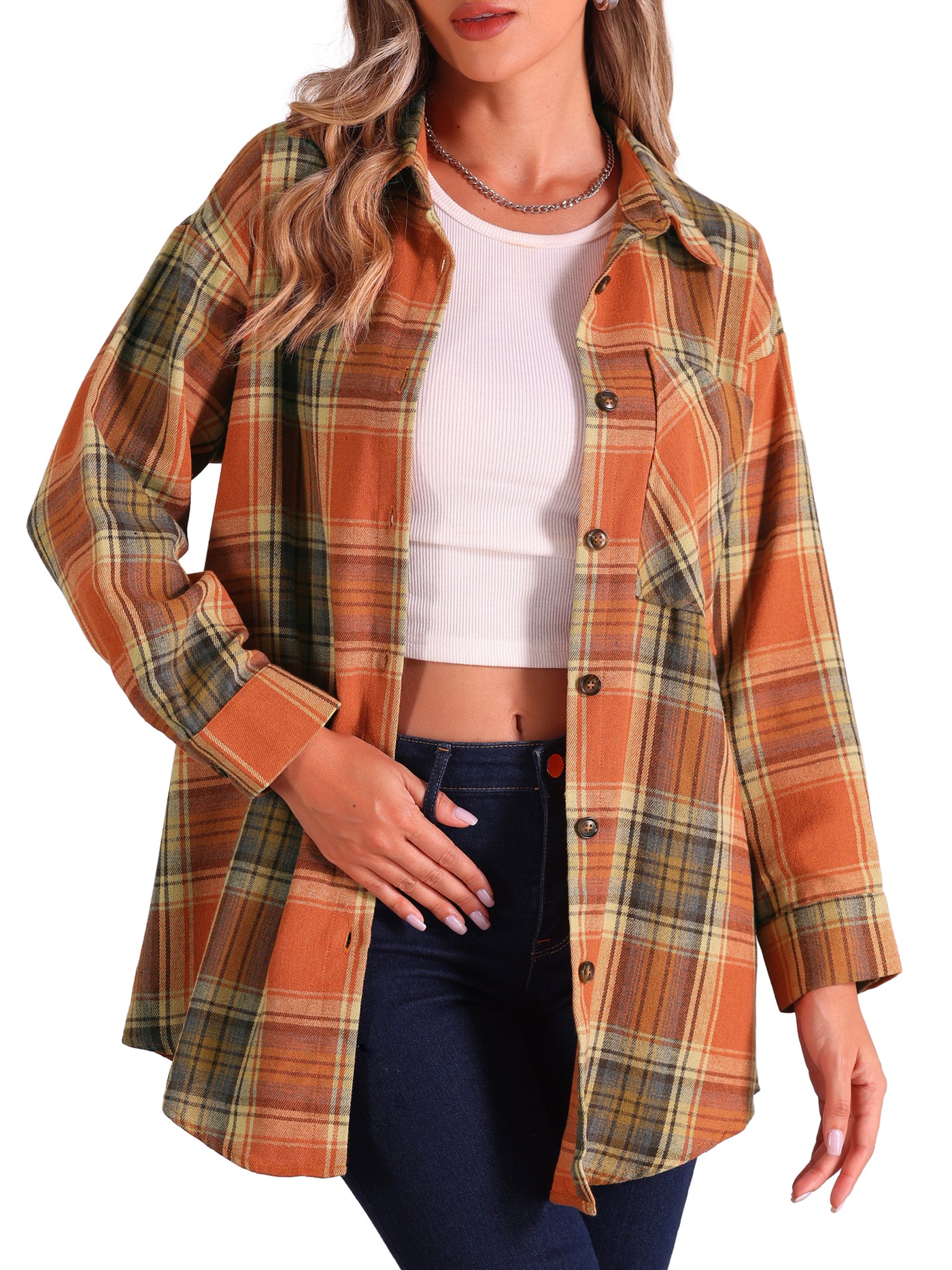 Allegra K Flannel Plaid Oversized Long Sleeve Casual Button Down Shirt