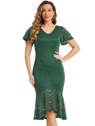 Floral Lace V Neck Ruffle Short Sleeve Cocktail Mermaid Bodycon Dress