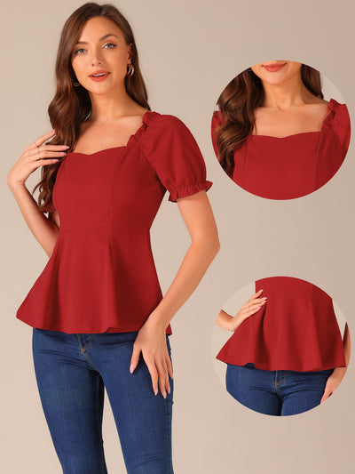 Ruffles Sweetheart Neck Puff Sleeve Peplum Blouse