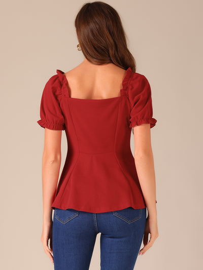 Ruffles Sweetheart Neck Puff Sleeve Peplum Blouse