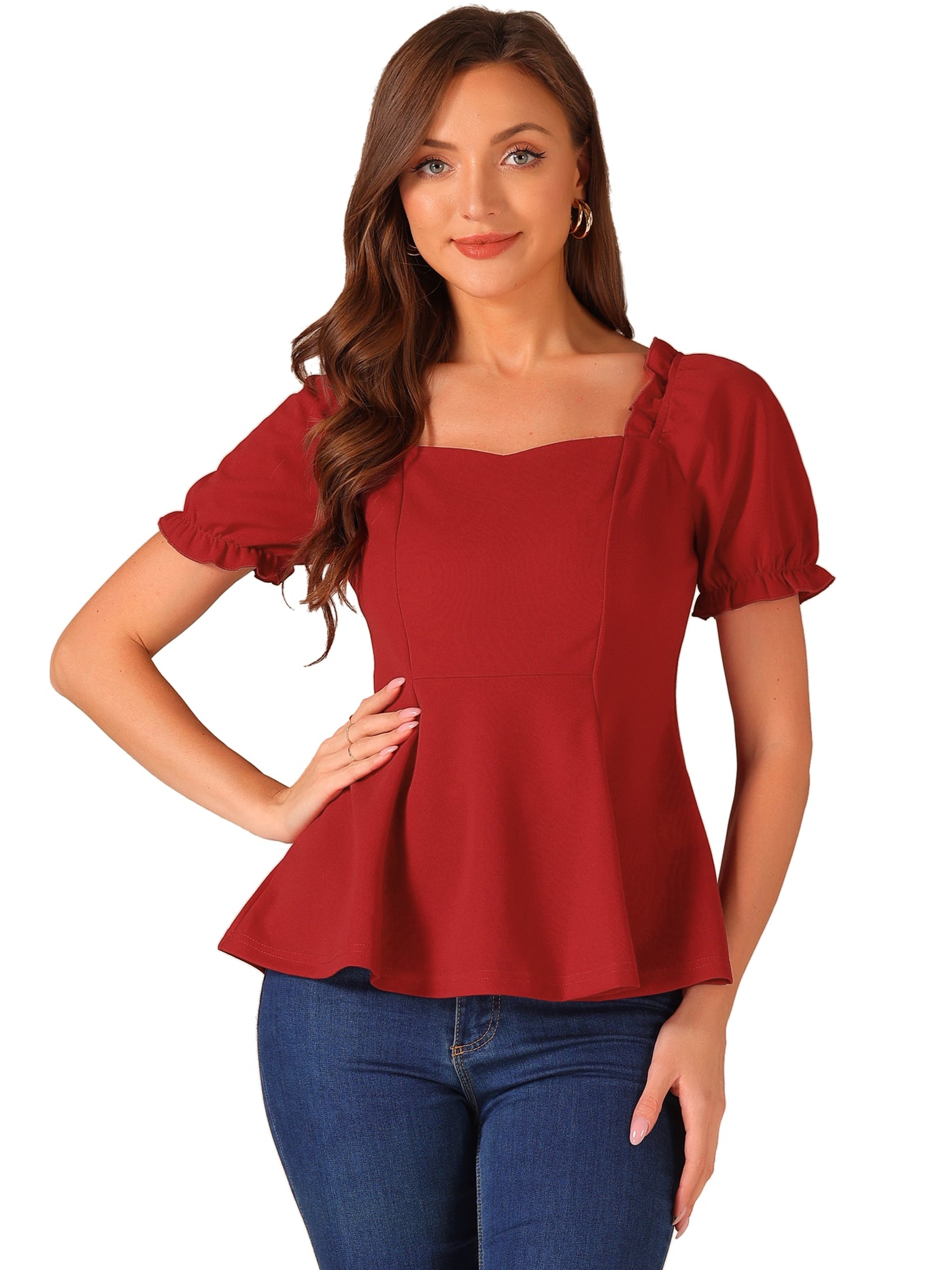 Allegra K Ruffles Sweetheart Neck Puff Sleeve Peplum Blouse