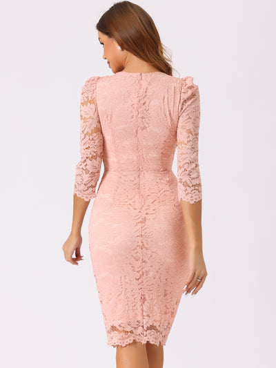 Lace Floral Crew Neck 3/4 Sleeve Bodycon Guest Cocktail Dress