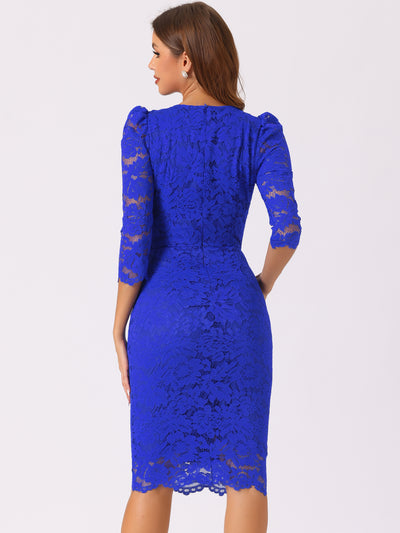 Lace Floral Crew Neck 3/4 Sleeve Bodycon Guest Cocktail Dress