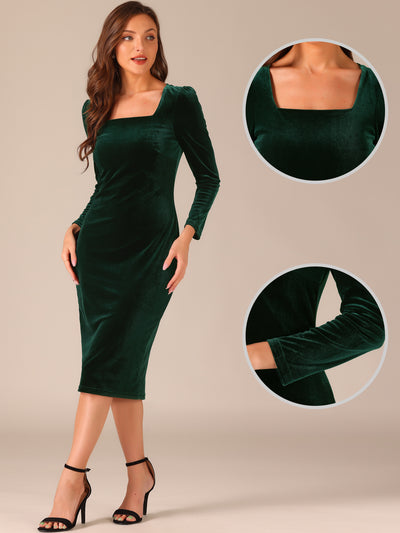 Velvet Long Sleeve Square Neck Bodycon Midi Dress