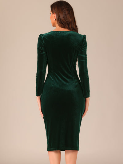 Velvet Long Sleeve Square Neck Bodycon Midi Dress