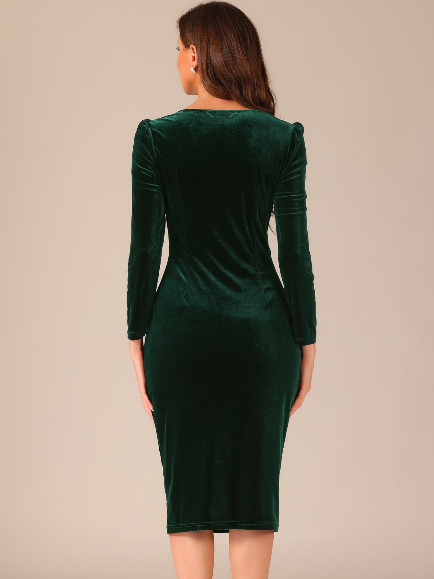 Allegra K Velvet Long Sleeve Square Neck Bodycon Midi Dress