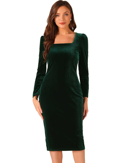 Velvet Long Sleeve Square Neck Bodycon Midi Dress