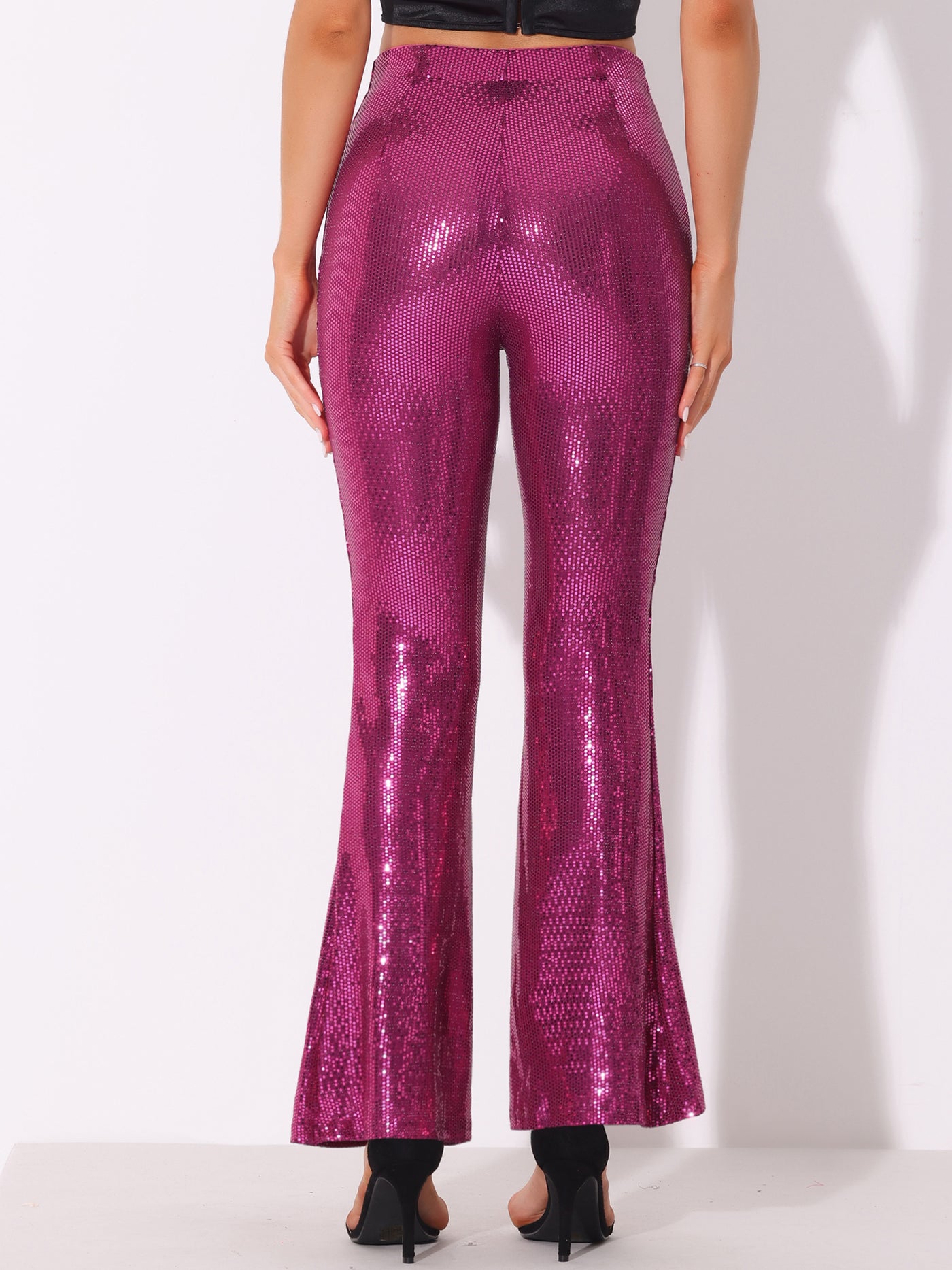 Allegra K Sequin Glitter Sparkle Bell Bottoms Stretch Shiny Flare Pants