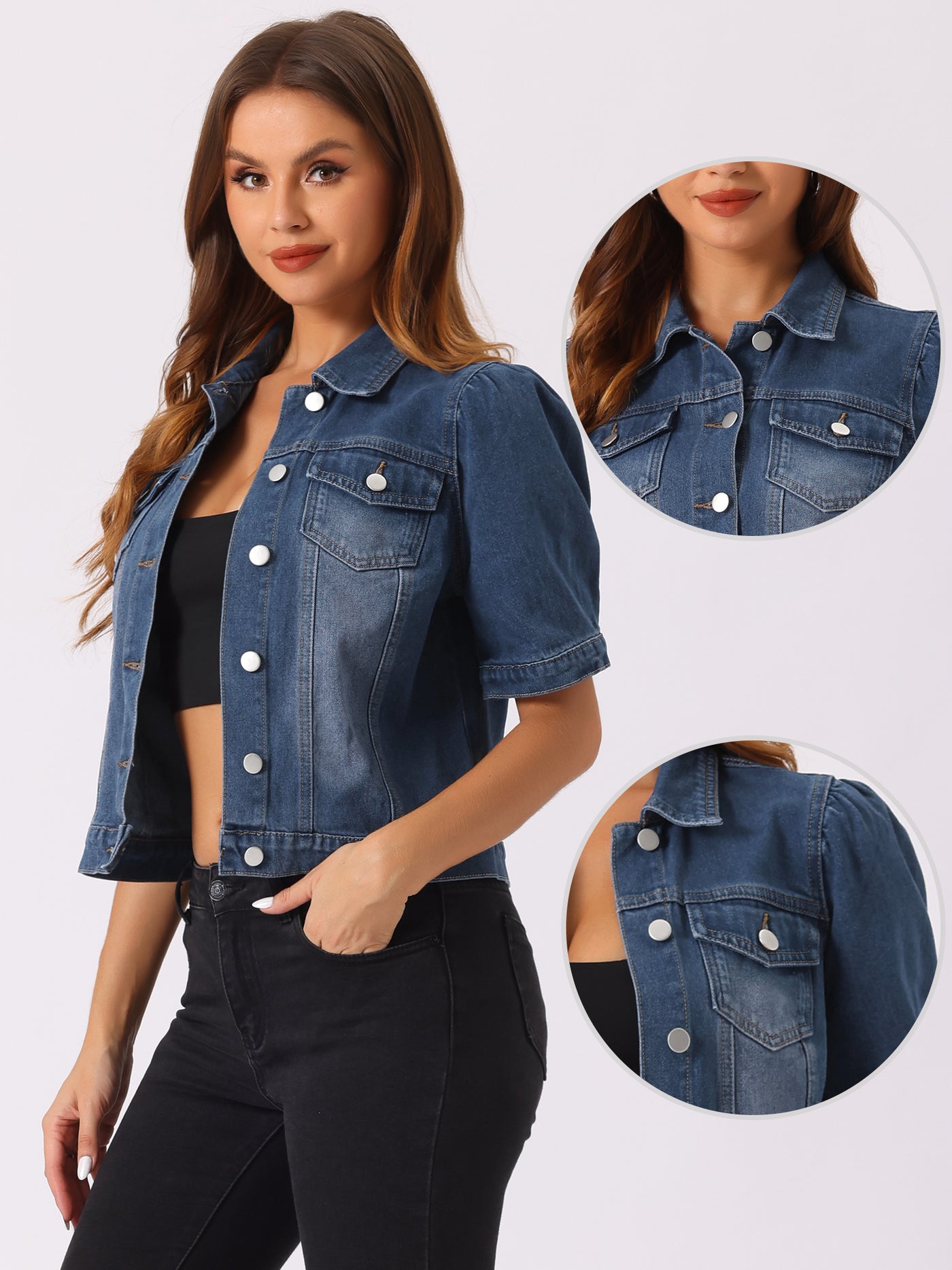 Allegra K Casual Short Puff Sleeves Button-Down Jean Denim Jacket