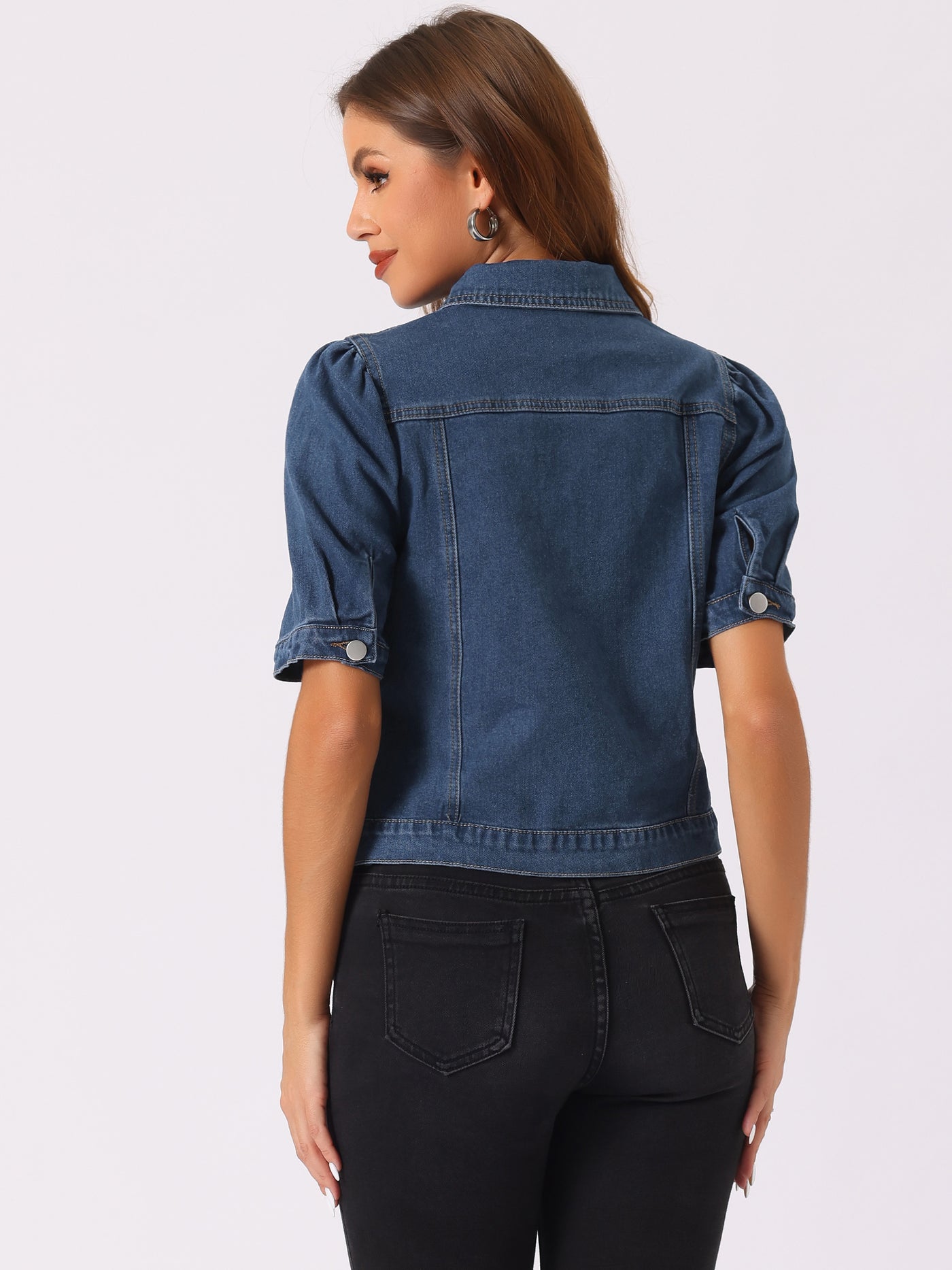 Allegra K Casual Short Puff Sleeves Button-Down Jean Denim Jacket