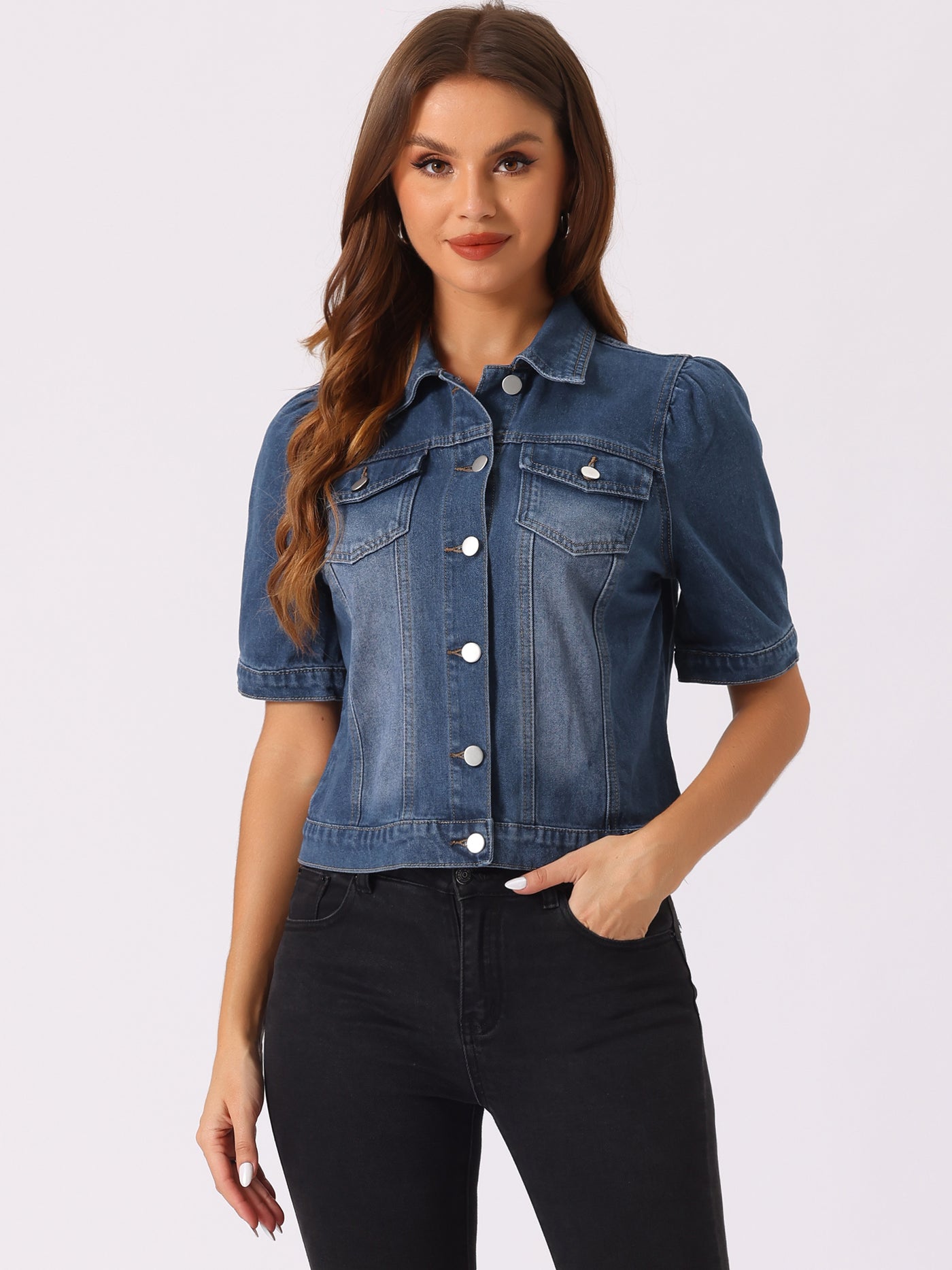 Allegra K Casual Short Puff Sleeves Button-Down Jean Denim Jacket