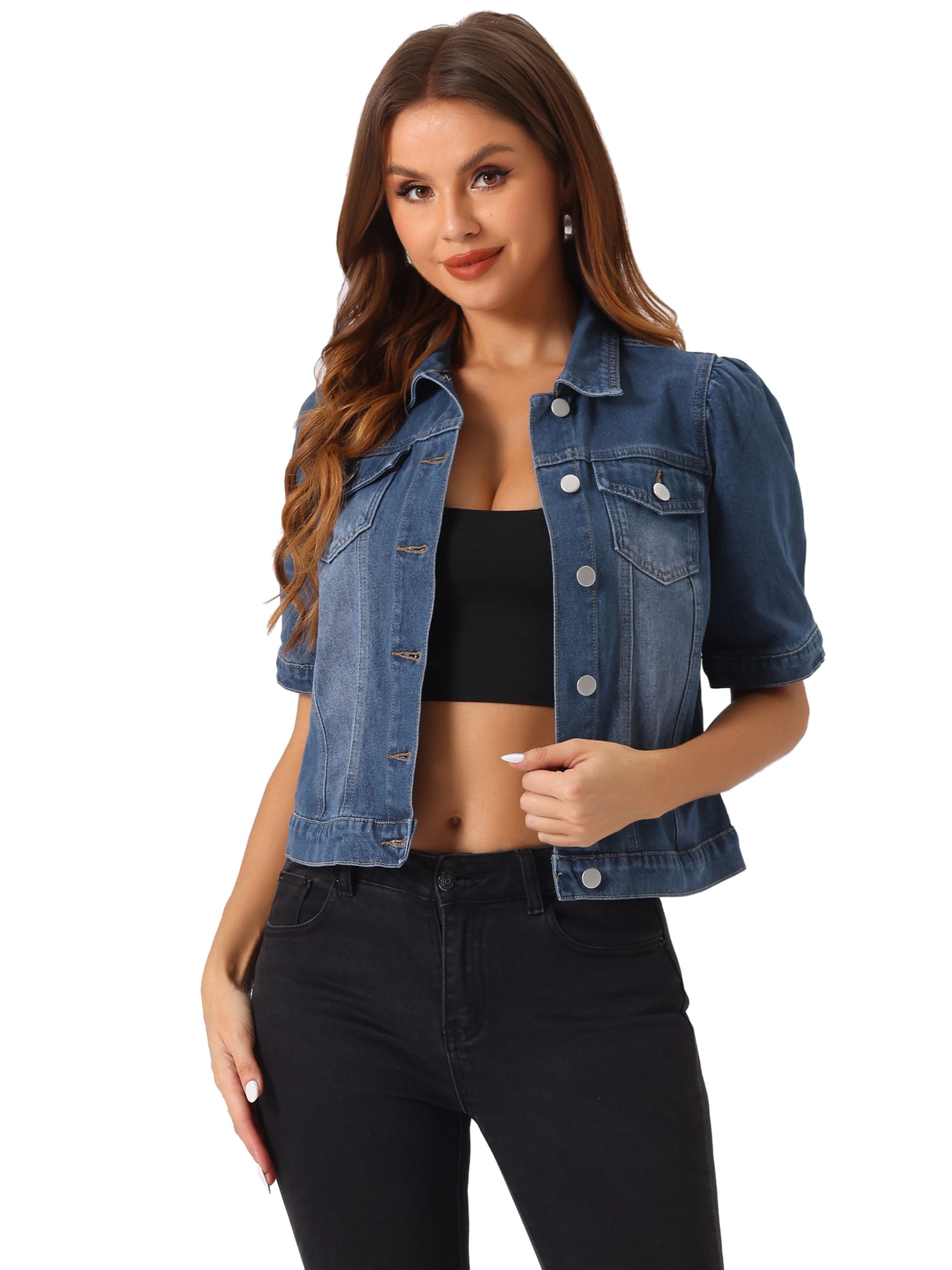 Allegra K Casual Short Puff Sleeves Button-Down Jean Denim Jacket