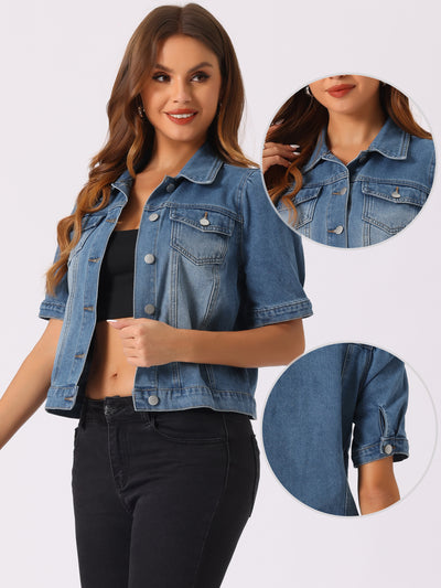 Casual Short Puff Sleeves Button-Down Jean Denim Jacket