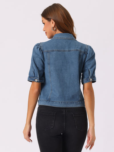 Casual Short Puff Sleeves Button-Down Jean Denim Jacket