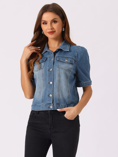 Casual Short Puff Sleeves Button-Down Jean Denim Jacket