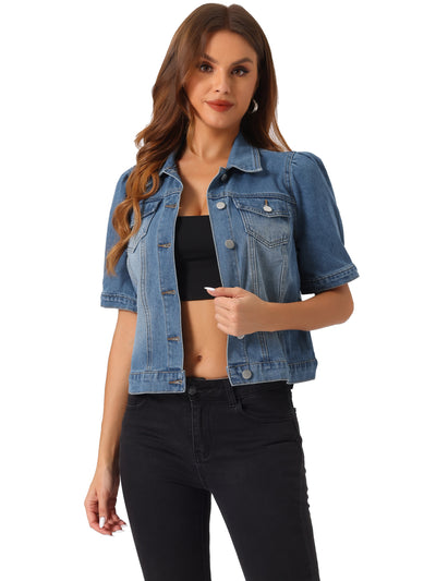 Casual Short Puff Sleeves Button-Down Jean Denim Jacket