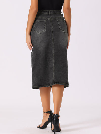 High Waist Slit Front with Pockets Jean Midi Denim Skirt