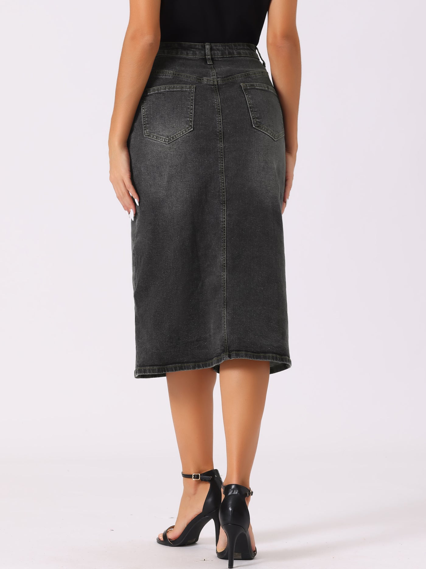 Allegra K High Waist Slit Front with Pockets Jean Midi Denim Skirt