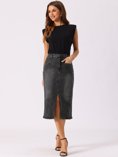 High Waist Slit Front with Pockets Jean Midi Denim Skirt