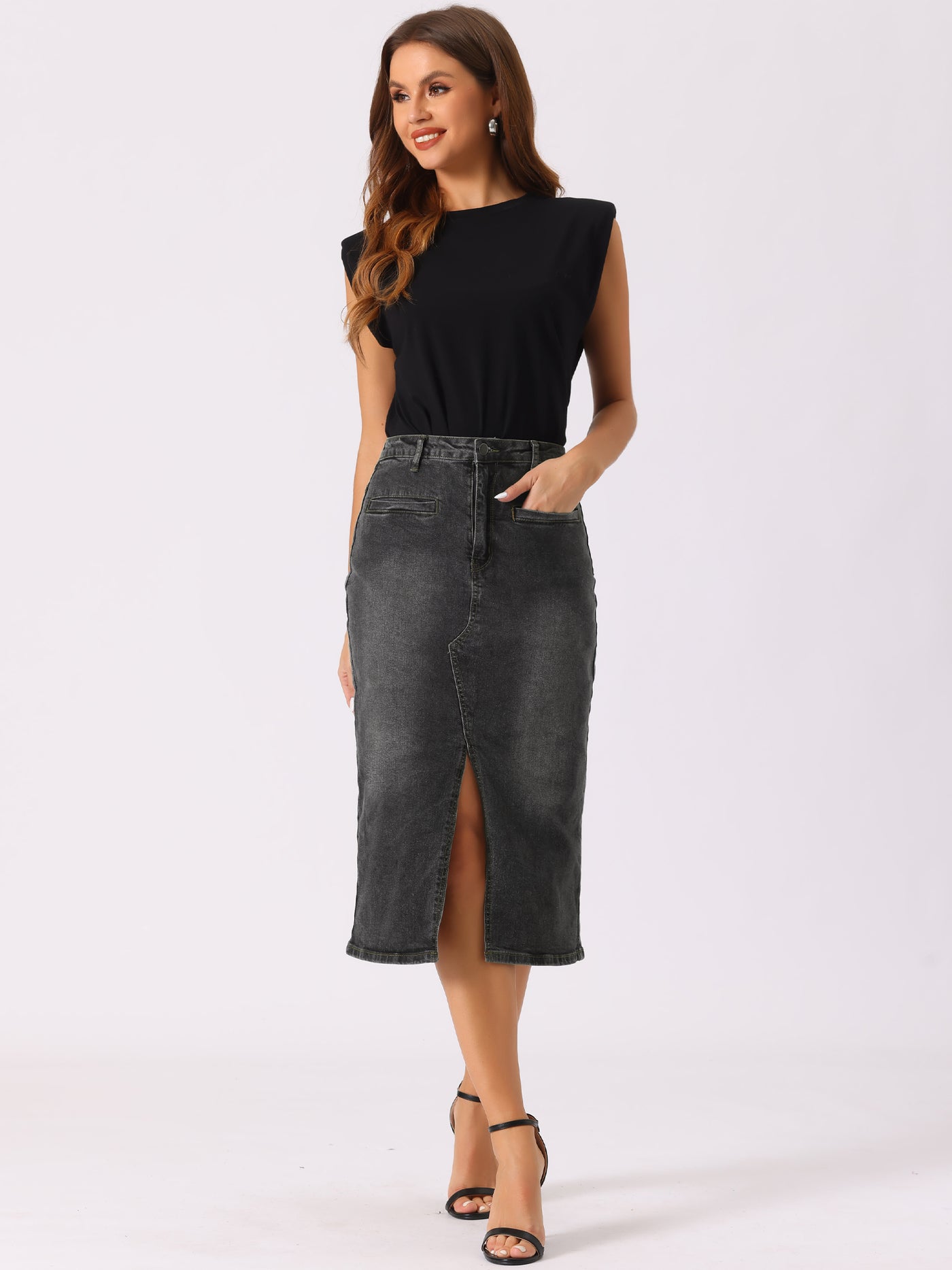 Allegra K High Waist Slit Front with Pockets Jean Midi Denim Skirt