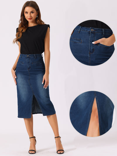 High Waist Slit Front with Pockets Jean Midi Denim Skirt