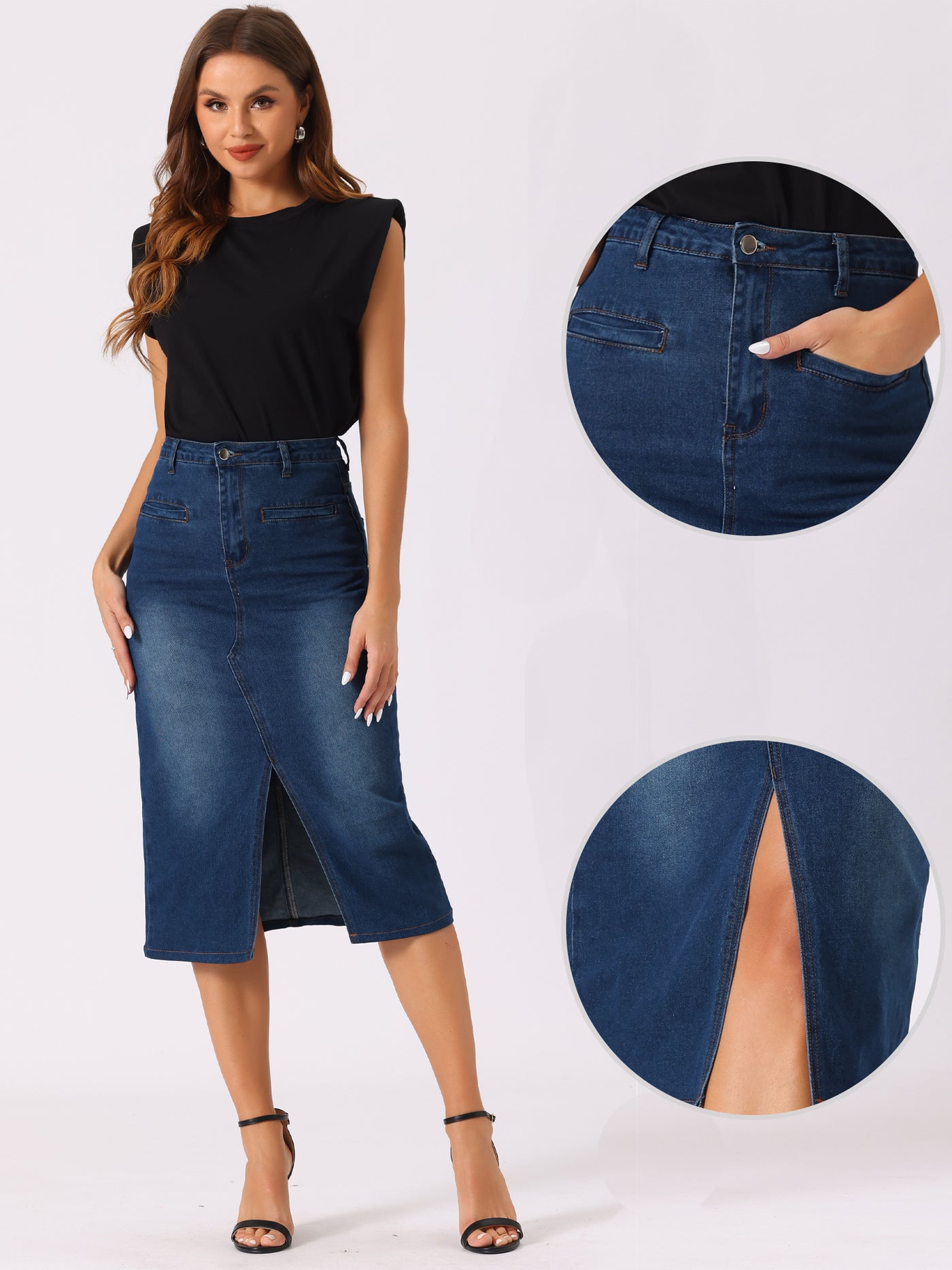 Allegra K High Waist Slit Front with Pockets Jean Midi Denim Skirt