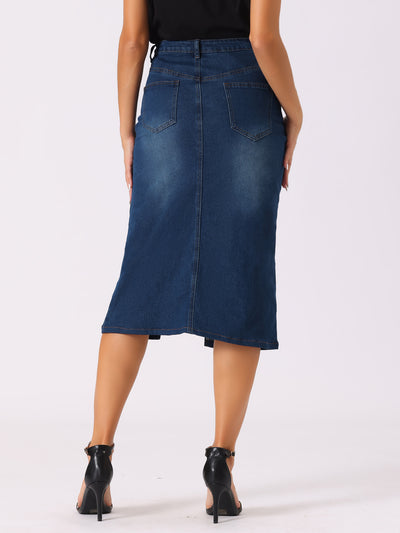 High Waist Slit Front with Pockets Jean Midi Denim Skirt