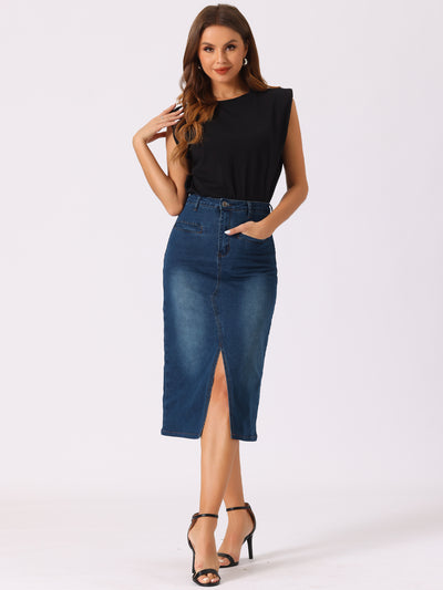 High Waist Slit Front with Pockets Jean Midi Denim Skirt