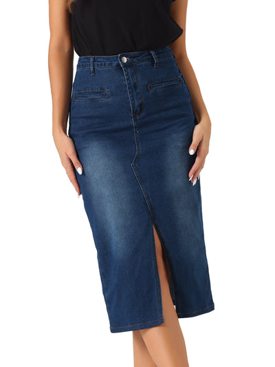 High Waist Slit Front with Pockets Jean Midi Denim Skirt